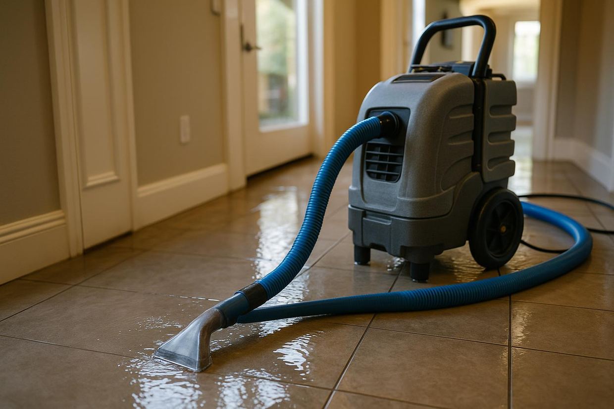 Technician using a truck-mounted extractor to pull standing water from a flooded Dallas floor