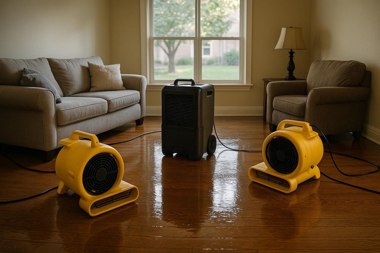 Air movers and a dehumidifier drying out a Dallas living room after water damage