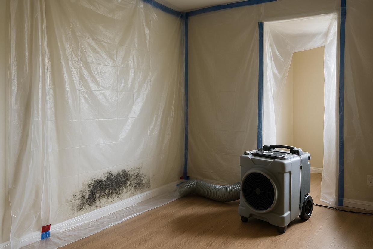 Containment and removal of mold growth on a Dallas home wall after water damage