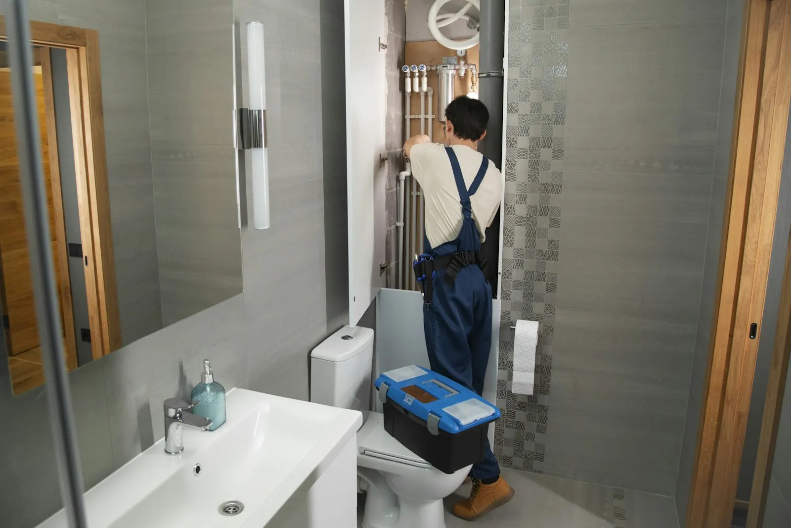 Technician working on plumbing inside a home bathroom