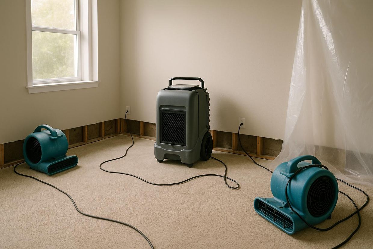 Air movers and a dehumidifier drying a Dallas living room after water damage