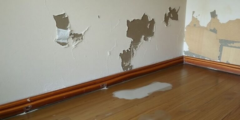 Water-damaged room in Dallas showing peeling paint and stains.
