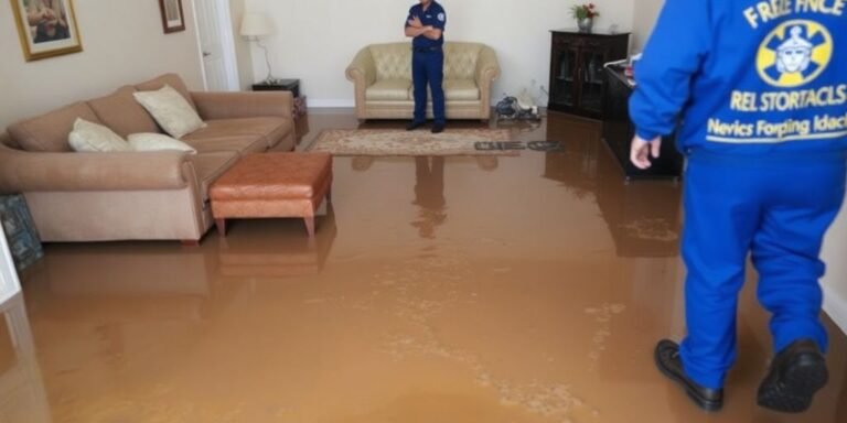 Flooded room with water damage and restoration technician.